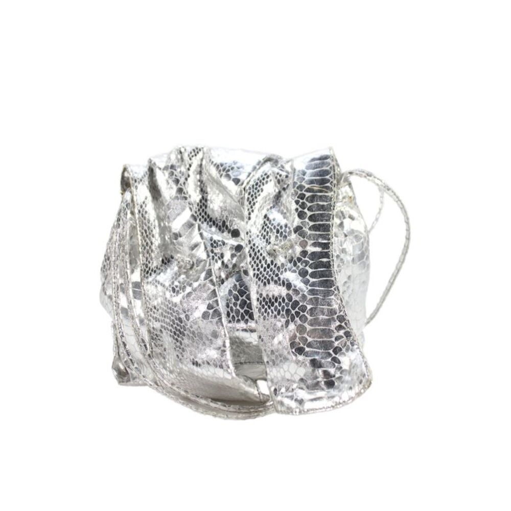 Carlos Falchi Womens Faux Leather Metallic Snake Skin Crossbody Handbag Silver